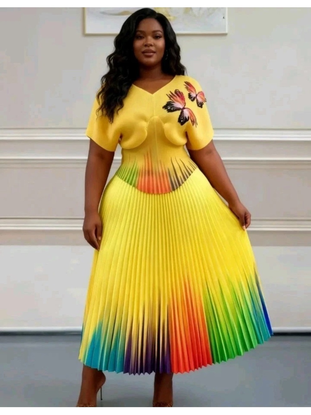 Yellow Pleated Midi Dress with Rainbow Ombre & Butterfly Detail